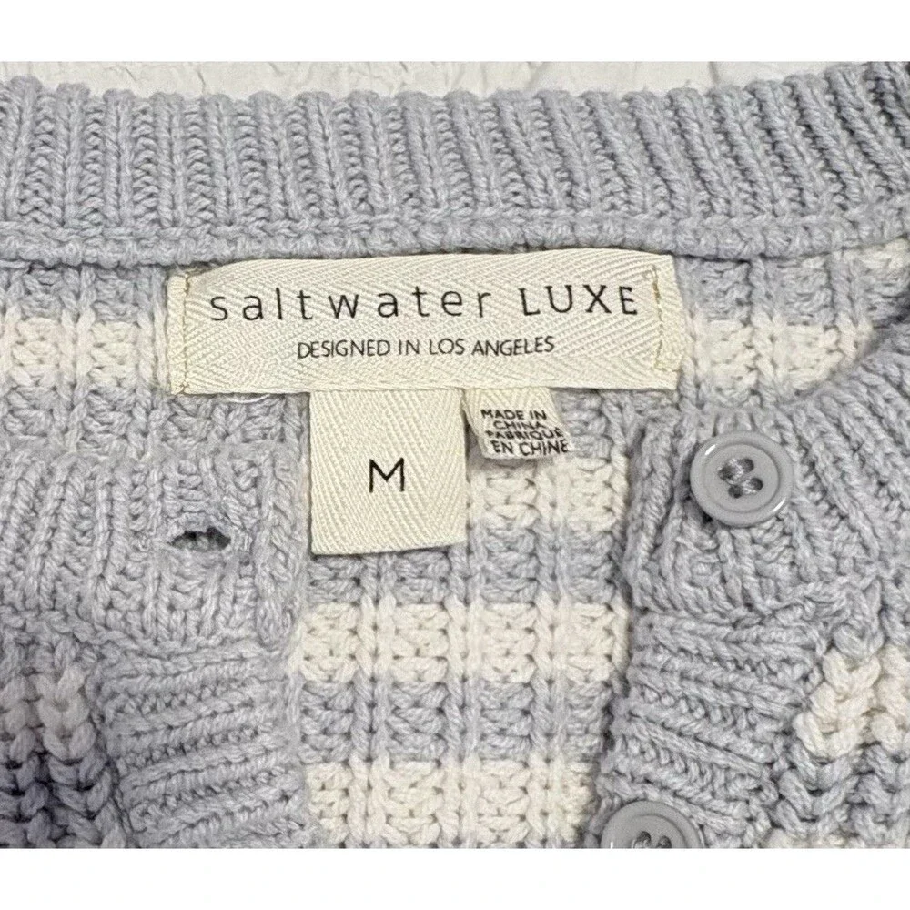 Anthro Saltwater LUXE Leilani Soft Rugby Sweater Sky Blue Ivory EUC Coastal